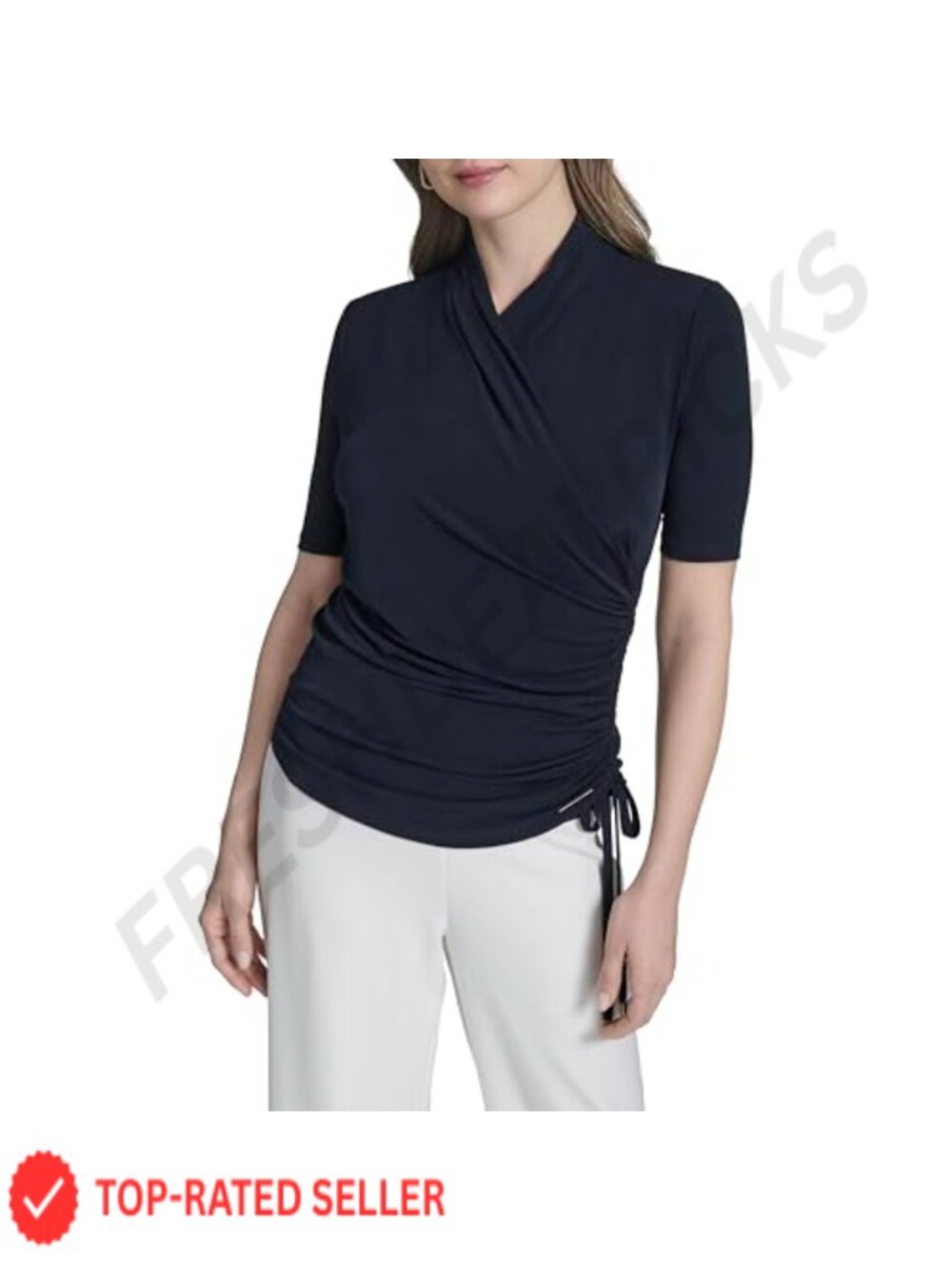 Short Sleeve Crossover Side Ruched V-Neck Blouse Top